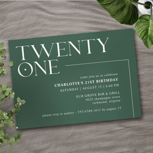 a green birthday party card with the words twenty one on it next to some greenery