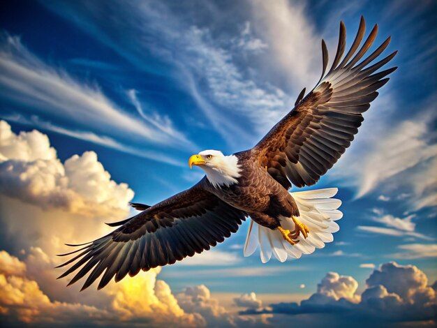 an eagle flying through the air with clouds in the background