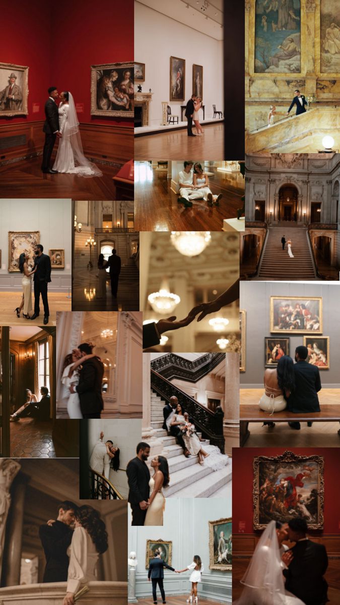 a collage of photos with people and paintings in the background, including a bride and groom on their wedding day