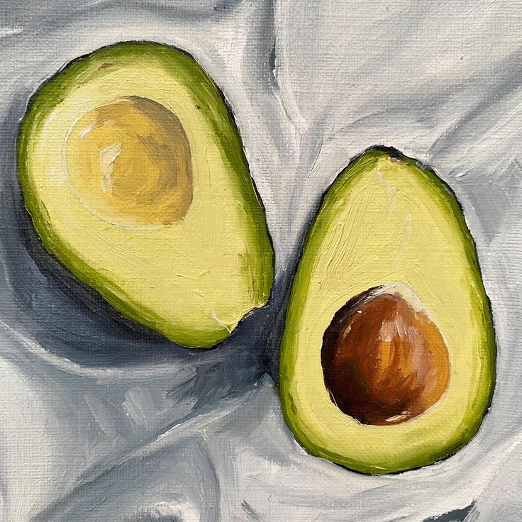 an oil painting of two avocados on a white cloth