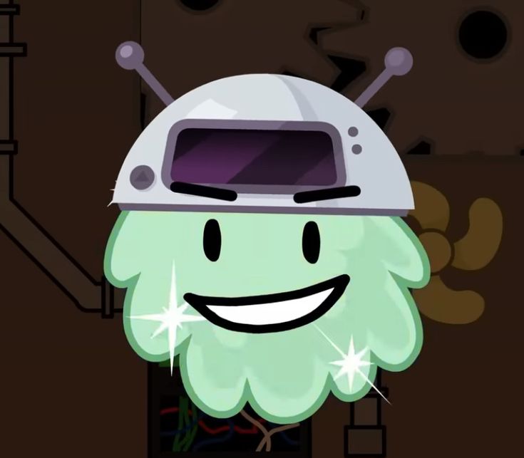 a green creature with a white helmet on it's head and eyes are smiling