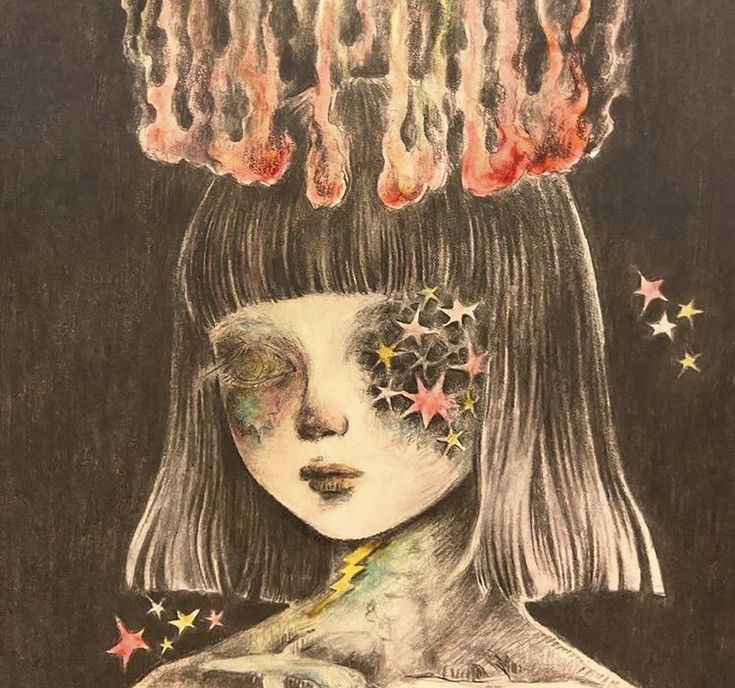 a drawing of a girl with fire coming out of her head and butterflies above her head