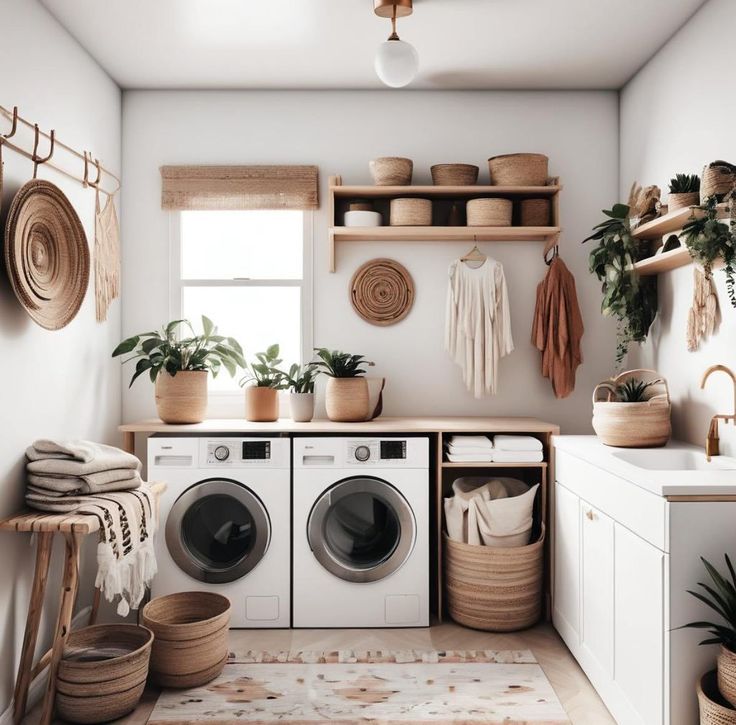 a washer and dryer sitting in a room next to a window with potted plants