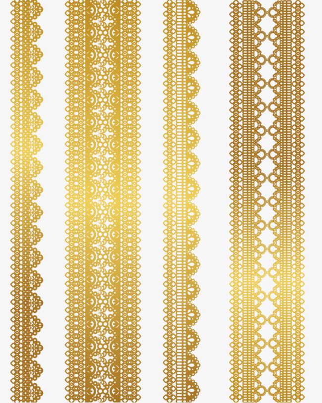 four gold lace trims with different patterns on white background stock photo - budget conscious