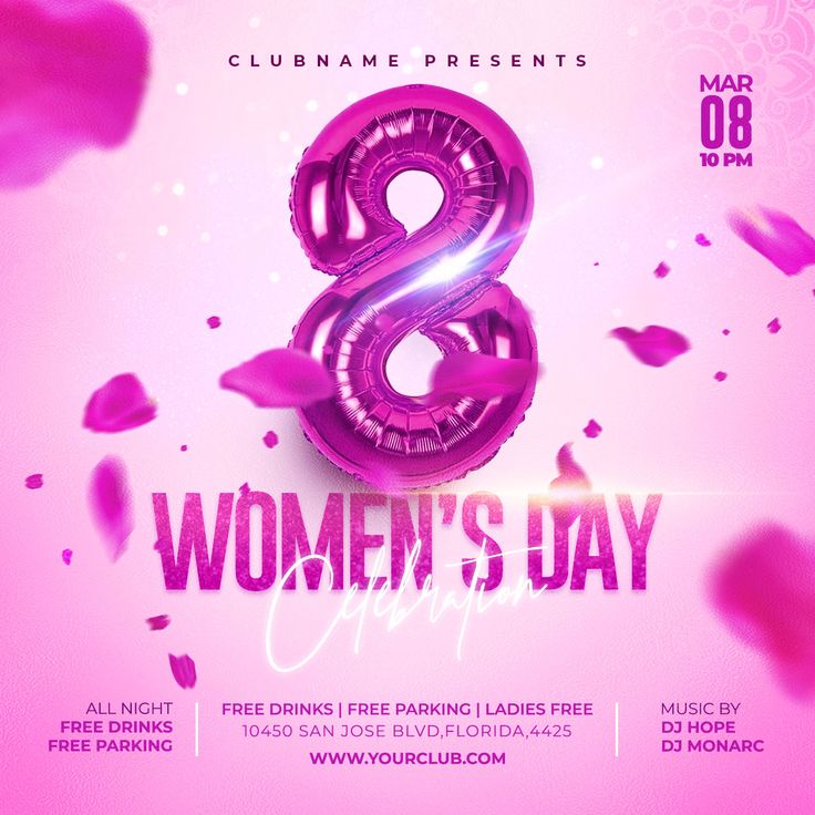 the women's day flyer is shown in pink