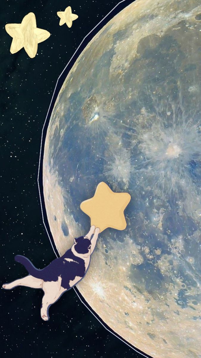 a cat is reaching up to the stars on the moon