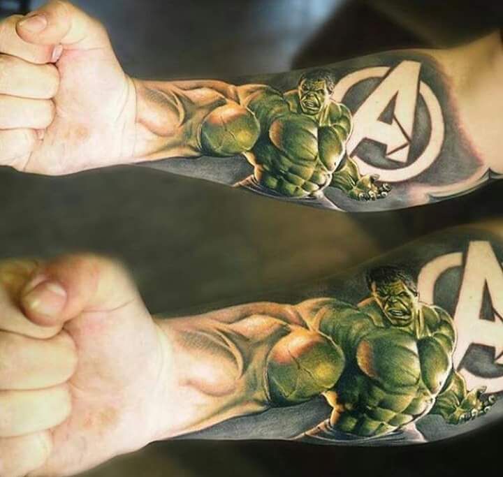 two men's arm tattoos with the avengers symbol and hulks on each arm