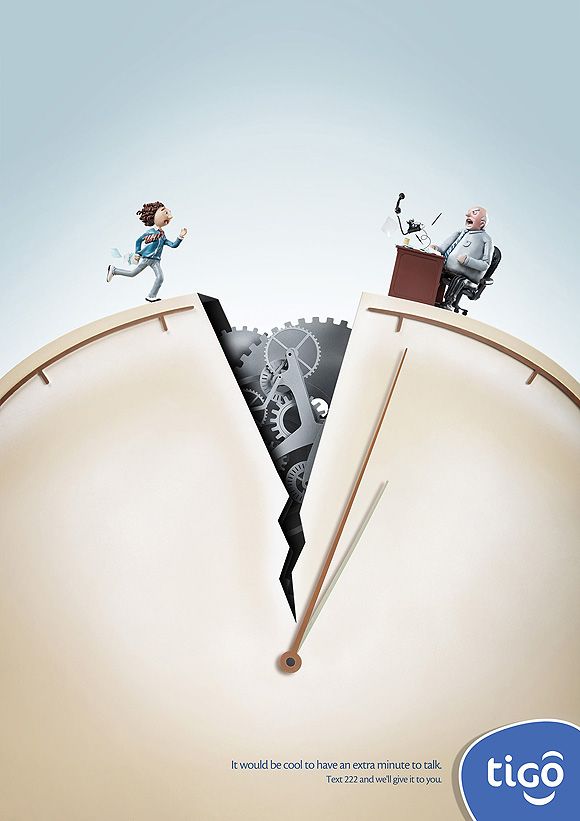 an advertisement for it's time to break apart with two people on top of the clock