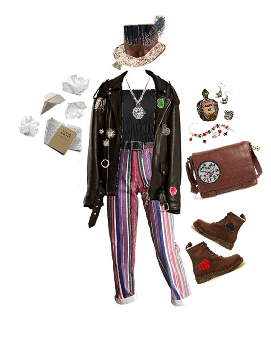 a doll dressed in clothes and accessories including shoes, purses and necklaces on a white background