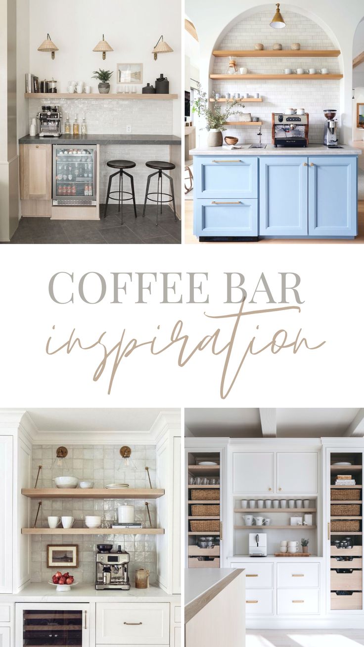 the coffee bar in this kitchen is painted blue and white