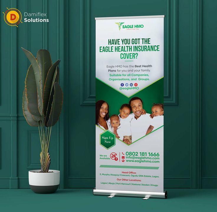 a roll - up banner stands next to a potted plant on a green wall