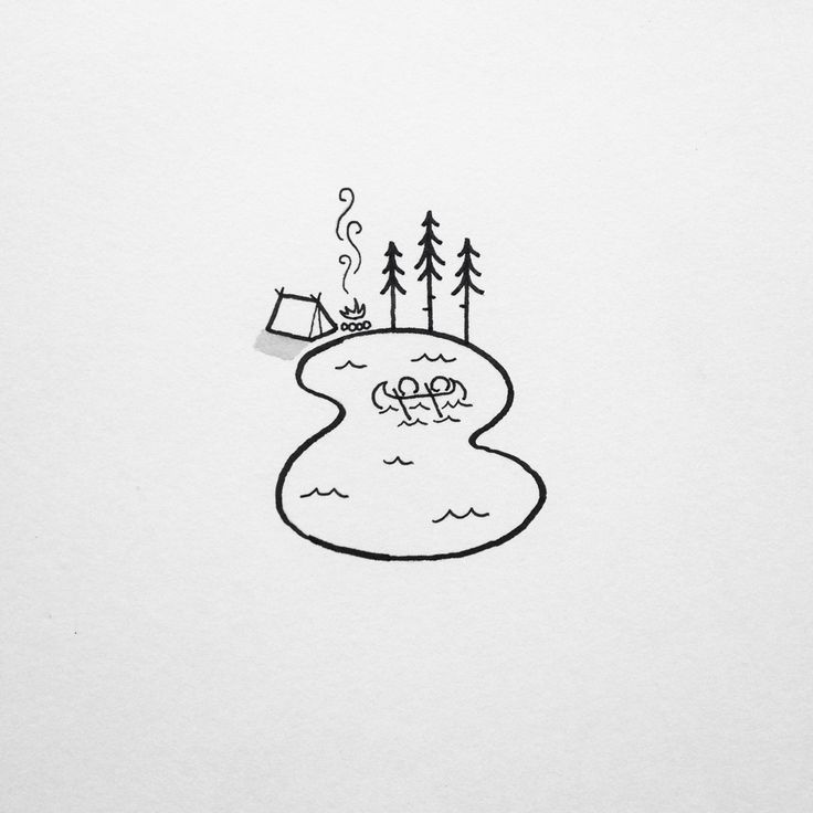 a drawing of a boat floating on top of a body of water next to trees