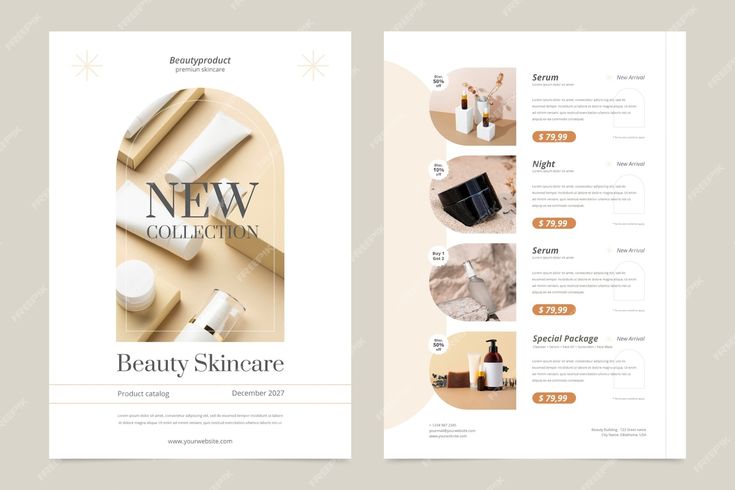 the front and back pages of a beauty brochure with images of products on it