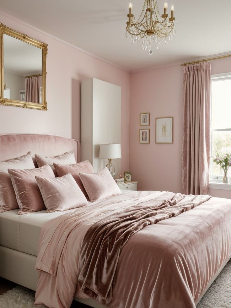 a bed with pink sheets and pillows in a bedroom next to a chandelier