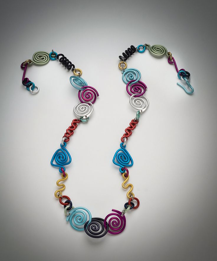 Aluminum Necklace - This lightweight, comfortable aluminum necklace emanates joy with swirls in sets of three that are handcrafted, anodized, and dyed by the artist. The variety of colors will complement any outfit!<br><br>Hook clasp allows for adjustment of length.<br><br>Anodized aluminum is non-allergenic as it contains no nickel. The color is permanent and will not scratch or fade. Whimsical Nickel-free Necklaces For Jewelry Making, Handmade Adjustable Swirl Jewelry, Handmade Adjustable Spiral Necklace, Adjustable Nickel-free Swirl Jewelry, Adjustable Multi-strand Wire Wrapped Necklace, Aluminum Jewelry, Lampwork Jewelry, Jewelry Mirror, Artful Home