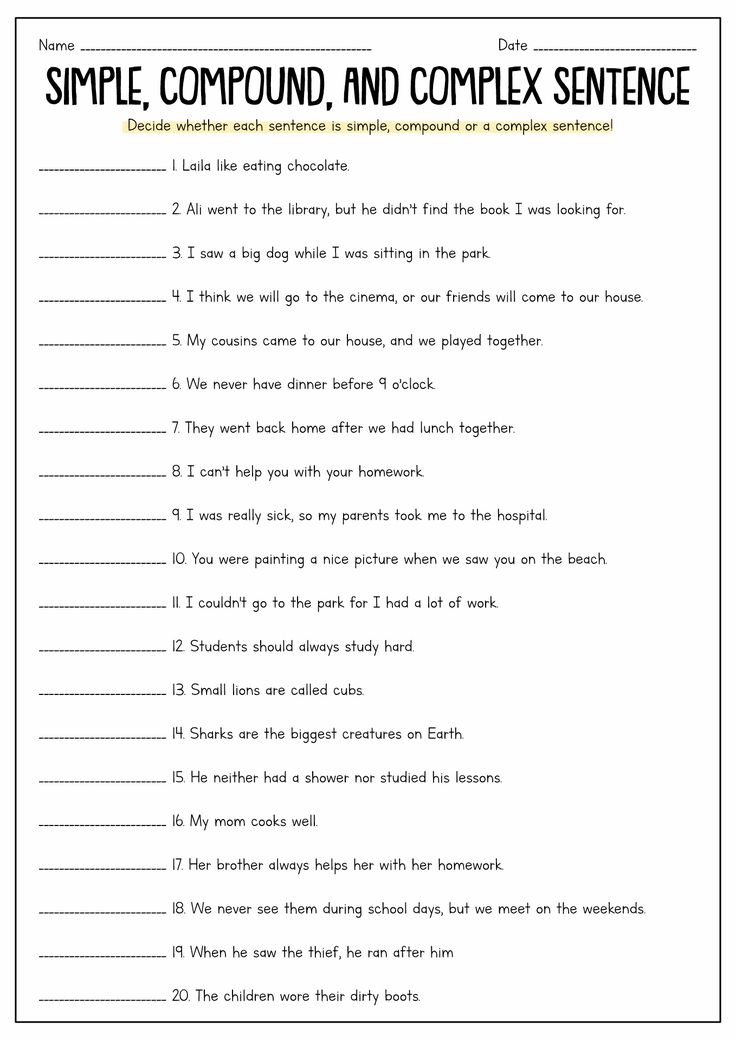 simple compound and complex sentence worksheet for students to practice the english speaking skills