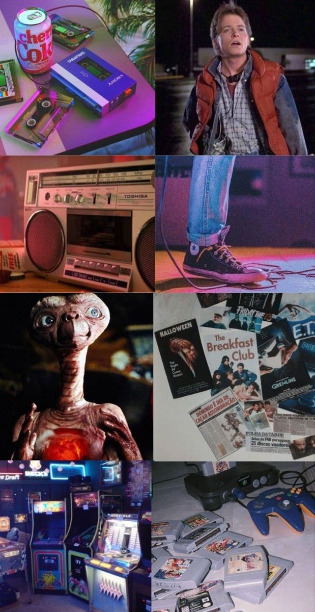 the collage shows various items that are on display in different pictures, including an alien head