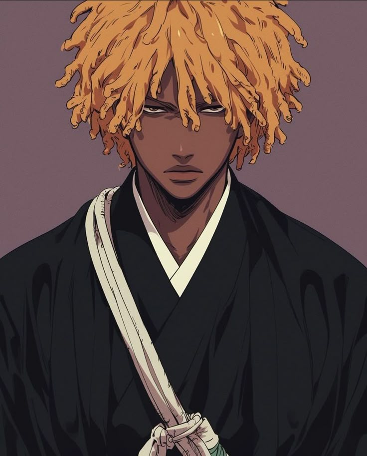 an anime character with blonde hair wearing a black kimono and holding a white sash