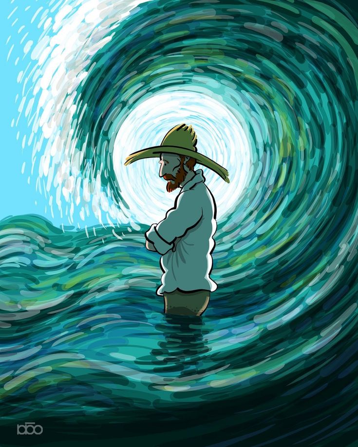 a man standing in the middle of a wave with a hat on his head and wearing a straw hat