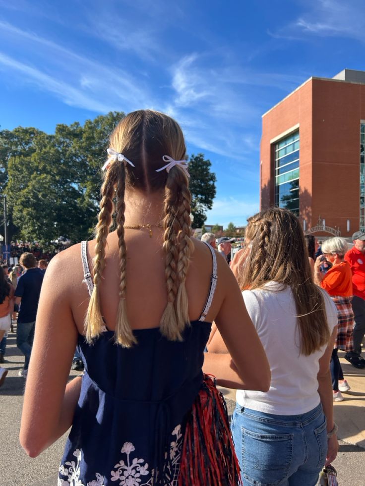 Braid Two Ponytails, 3 Plait Ponytail, Non Braided Hairstyles For Sports, Six Flags Hairstyles, Pigtails With Two Braids, Tailgate Hairstyles College, Pigtail Plaits Hairstyles, Low Athletic Hairstyles, Pigtail Hairstyles Braided