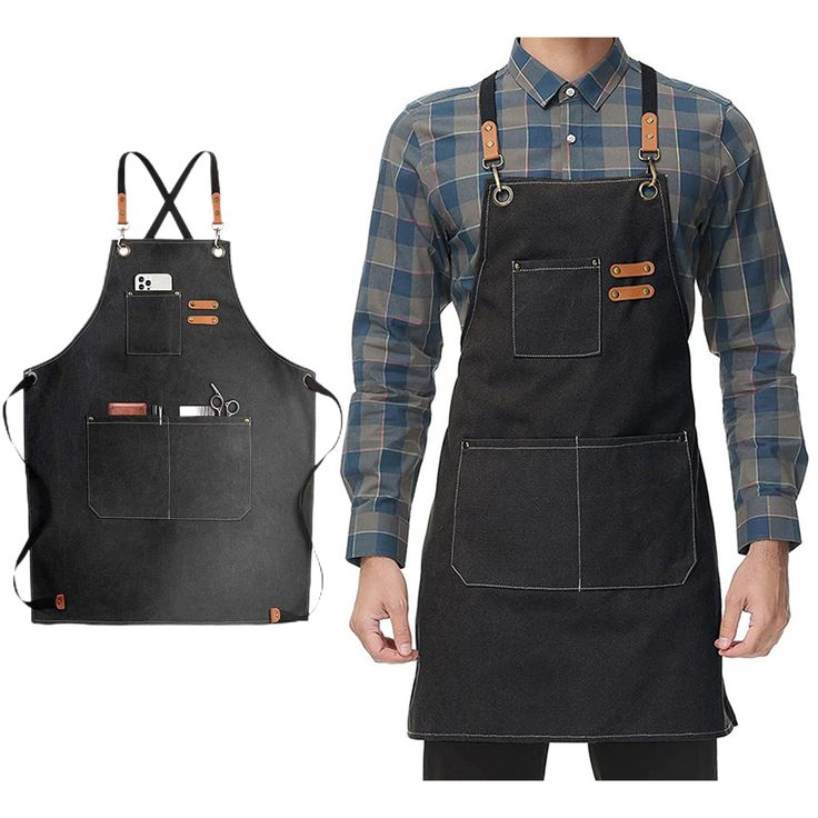 a man wearing an apron and plaid shirt is standing next to the black apron he has on