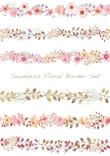 watercolor flowers and leaves border set