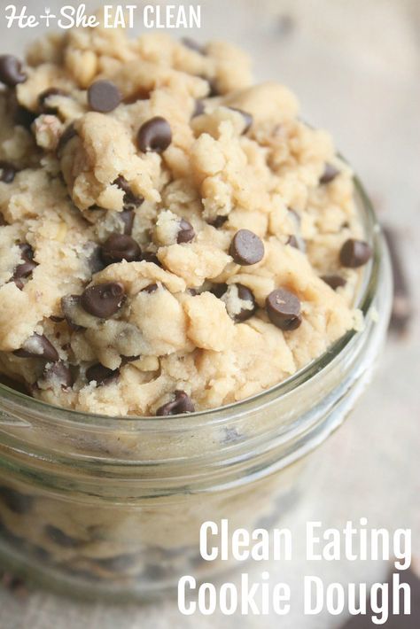 cookie dough in a glass jar with chocolate chips and text overlay that reads clean eating cookie dough