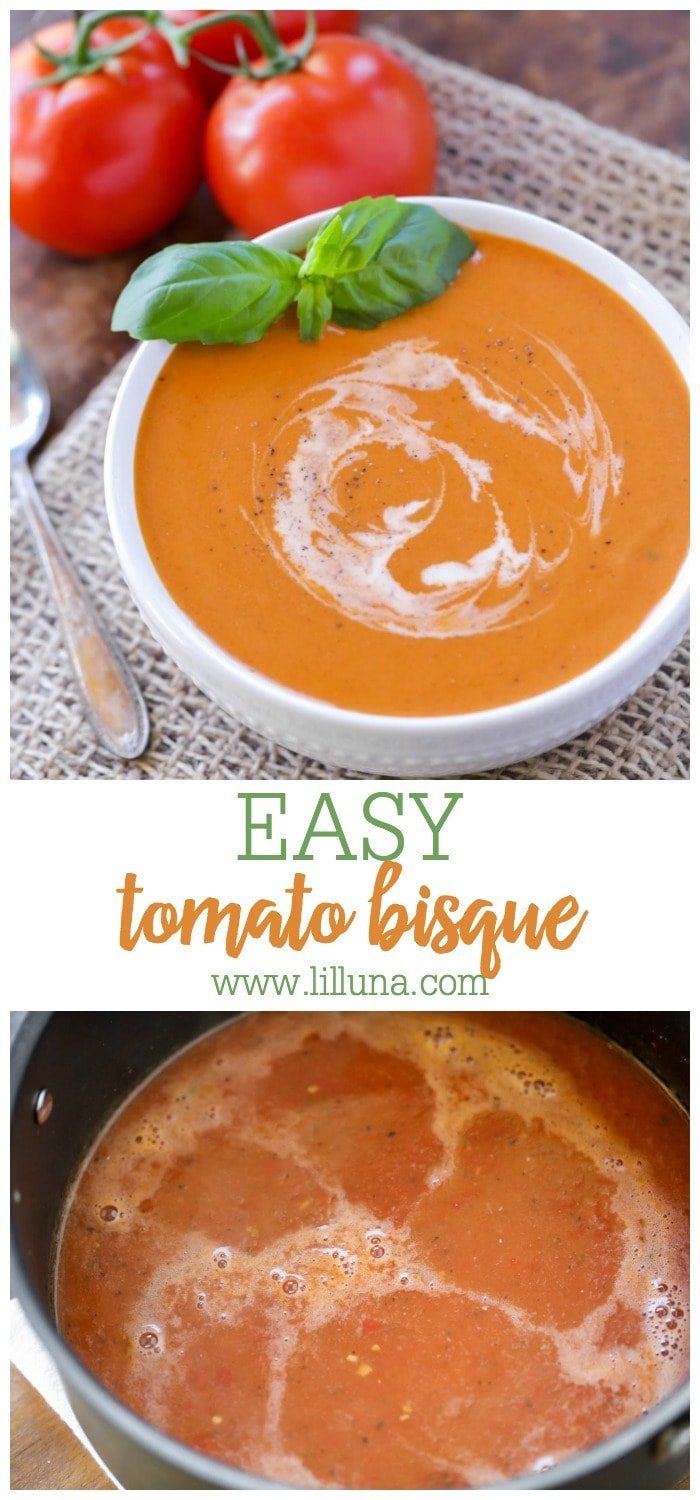 tomato bisque in a white bowl with basil leaves on top and tomatoes next to it