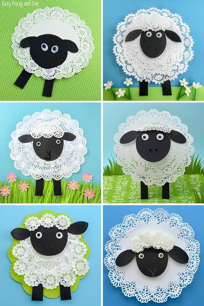 four pictures of sheep made out of doily and crocheted paper with flowers in the background