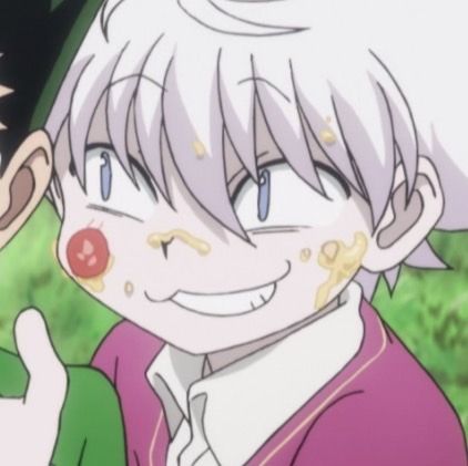 an anime character with white hair and green eyes giving the thumbs up while wearing a red nose ring