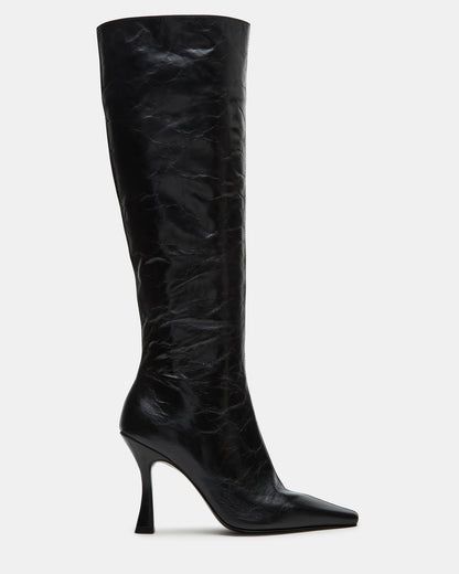 FAYE Black Leather Knee-High Heeled Boot | Women's Boots Long Black Leather Boots, Knee High Flat Boots, High Flat Boots, Heels Fancy, Knee Thigh Boots, Designer Shoes Sneakers, Fancy Flats, Black Leather Knee High Boots, Heels Designer