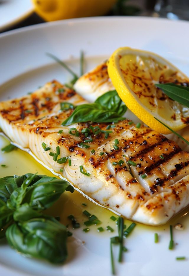 grilled fish with lemon and herbs on a white plate