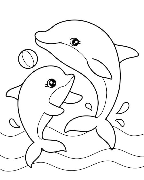 two dolphins playing with a ball in the water coloring pages for kids, printable