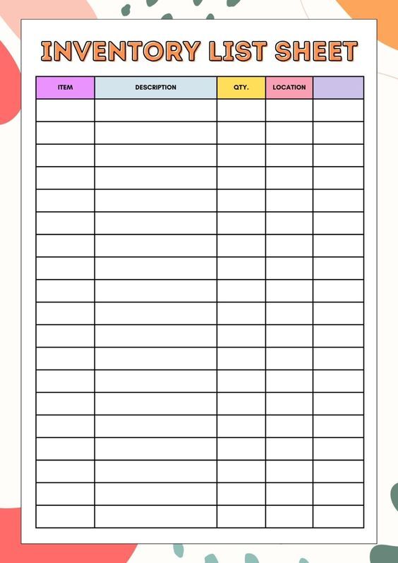 a printable inventory list sheet with the words inventory list in red, yellow and blue