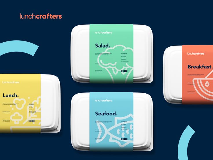 four lunch boxes with different types of food on them and the words seafood