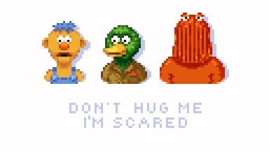 three pixel characters with the words don't hug me i'm scared