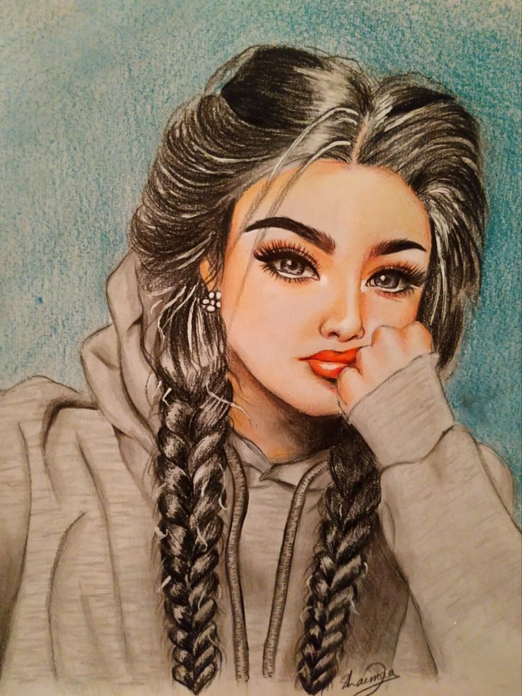 a drawing of a woman with long hair and braids on her head, wearing a hoodie