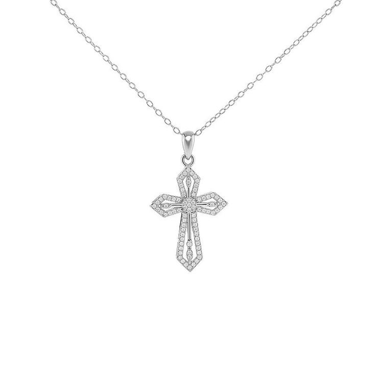 Add a touch of sparkle to your jewelry box with this cubic zirconia-embellished sterling silver cross pendant necklace. Click on this JEWELRY & WATCHES GUIDE to learn about fit, styles, materials and more! FEATURES Pendant dimensions: 23 mm x 17mm Chain length: 18 in. Chain type: cable Clasp: spring-ring Nickel free Metal: sterling silver Plating: 18k gold Finish: polished Packaging: boxedSTONE DETAILS Stone type: cubic zirconia Total weight: 1/5 ct. Shape: round Setting: pave Gemstones may have Silver Diamond Necklace, Sterling Silver Cross Pendant, Silver Cross Pendant, Sterling Silver Cross, Cross Pendant Necklace, Silver Cross, Silver Diamonds, Spring Rings, Cross Pendant