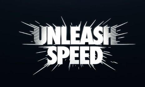 the words unleash speed are displayed in white letters on a black background with rays