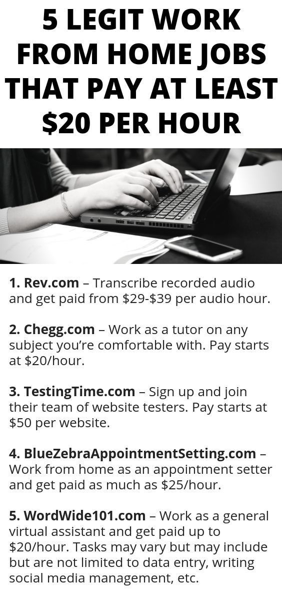 a flyer with the words 5 legit work from home jobs that pay at least $ 20 per hour