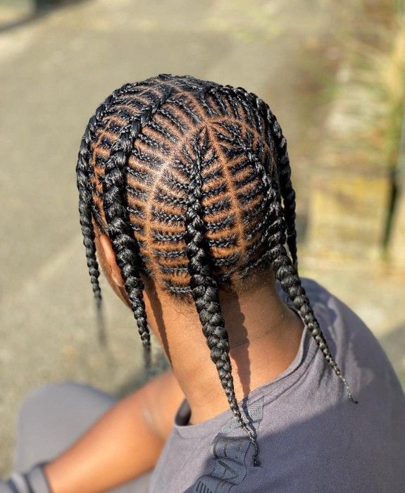 Braids Men Short Hair, Male Braided Hairstyles, Small Plaits Box Braids Men, Iverson Braids Men, Male Individual Braids, Boy Plaits Hairstyles, Popsmoke Braids Men, Men’s Triangle Braids, Popsmoke Braids