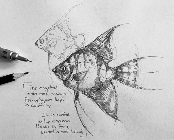 a pencil drawing of two fish with captioning on paper next to each other