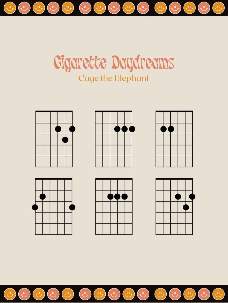 This is a poster with the 5 main guitar chords of Cigarette Daydreams by Cage the Elephant Easy Guitar Songs Chords, Electric Guitar Chords, Guitar Tabs Acoustic, Guitar Tabs And Chords, Easy Guitar Chords, Guitar Songs For Beginners, Learn Guitar Chords, Easy Guitar Songs, Guitar Tabs Songs