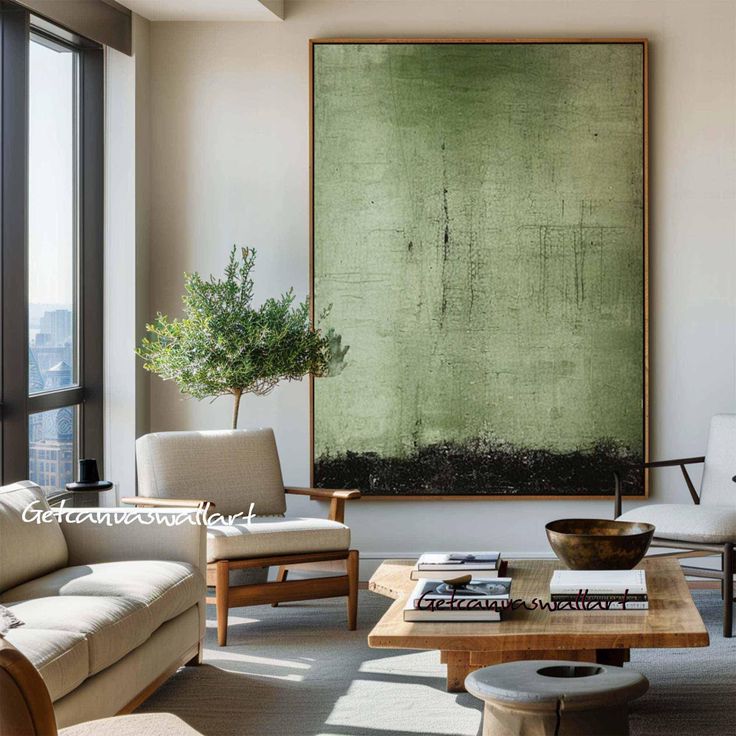 a living room filled with furniture and a large green painting on the wall above it