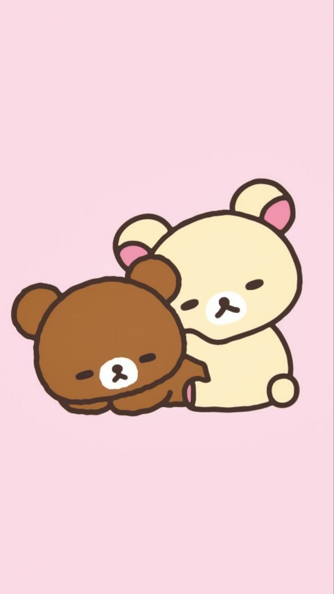 a brown and white teddy bear sitting next to each other on a pink background,