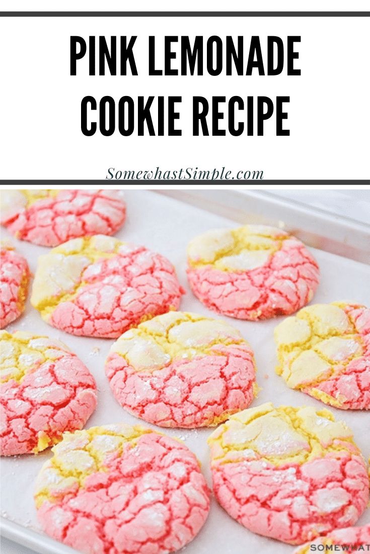 pink lemonade cookie recipe on a baking sheet with the title in black and white