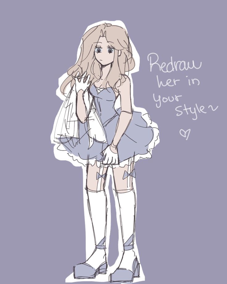 a drawing of a girl in a dress and boots with the words redaw her in your style on it