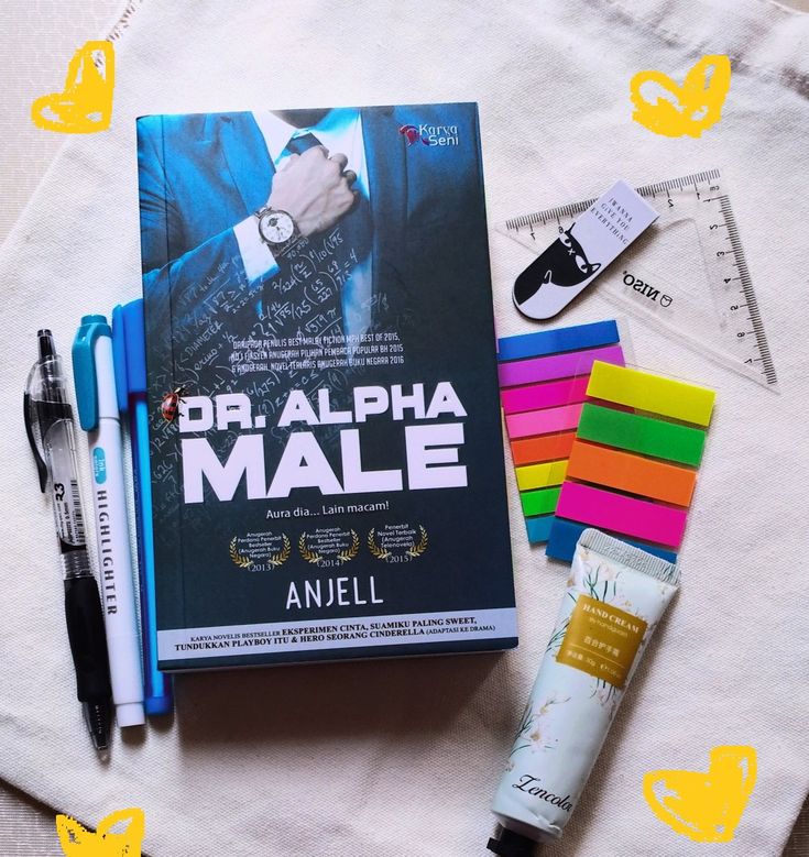 the book dr alpha male is next to pens and markers