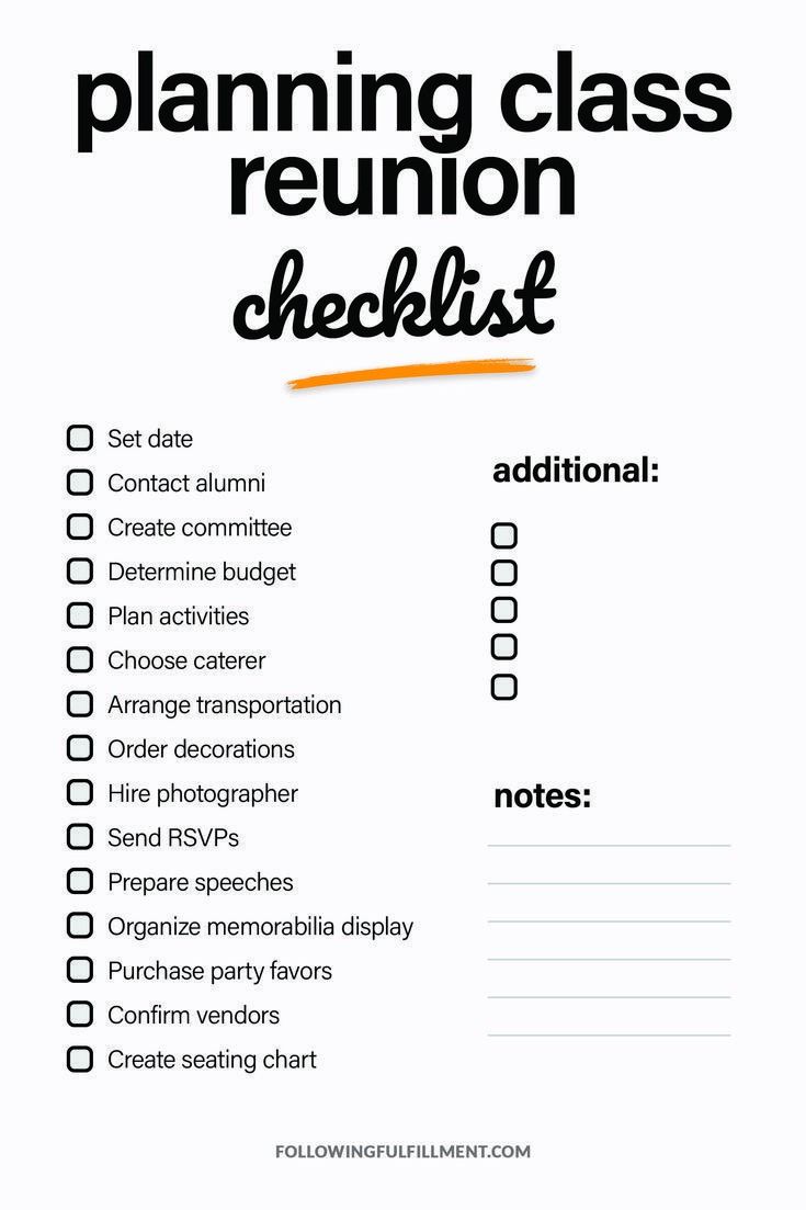 a checklist with the words planning class reunion checklist written in orange on it