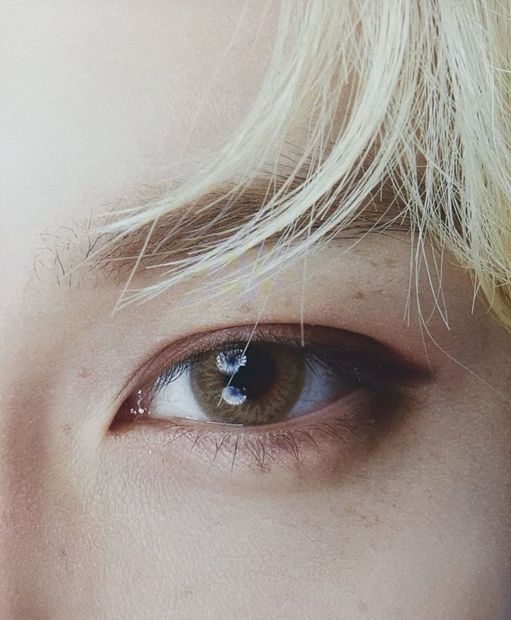 a woman's eye with blonde hair and blue eyeshadow, close up